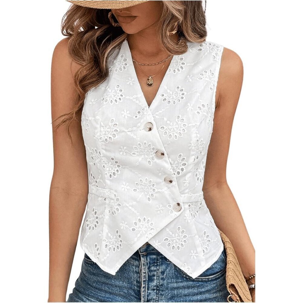 Women's Sleeveless Eyelet Blouse White Cotton Casual Dressy Top